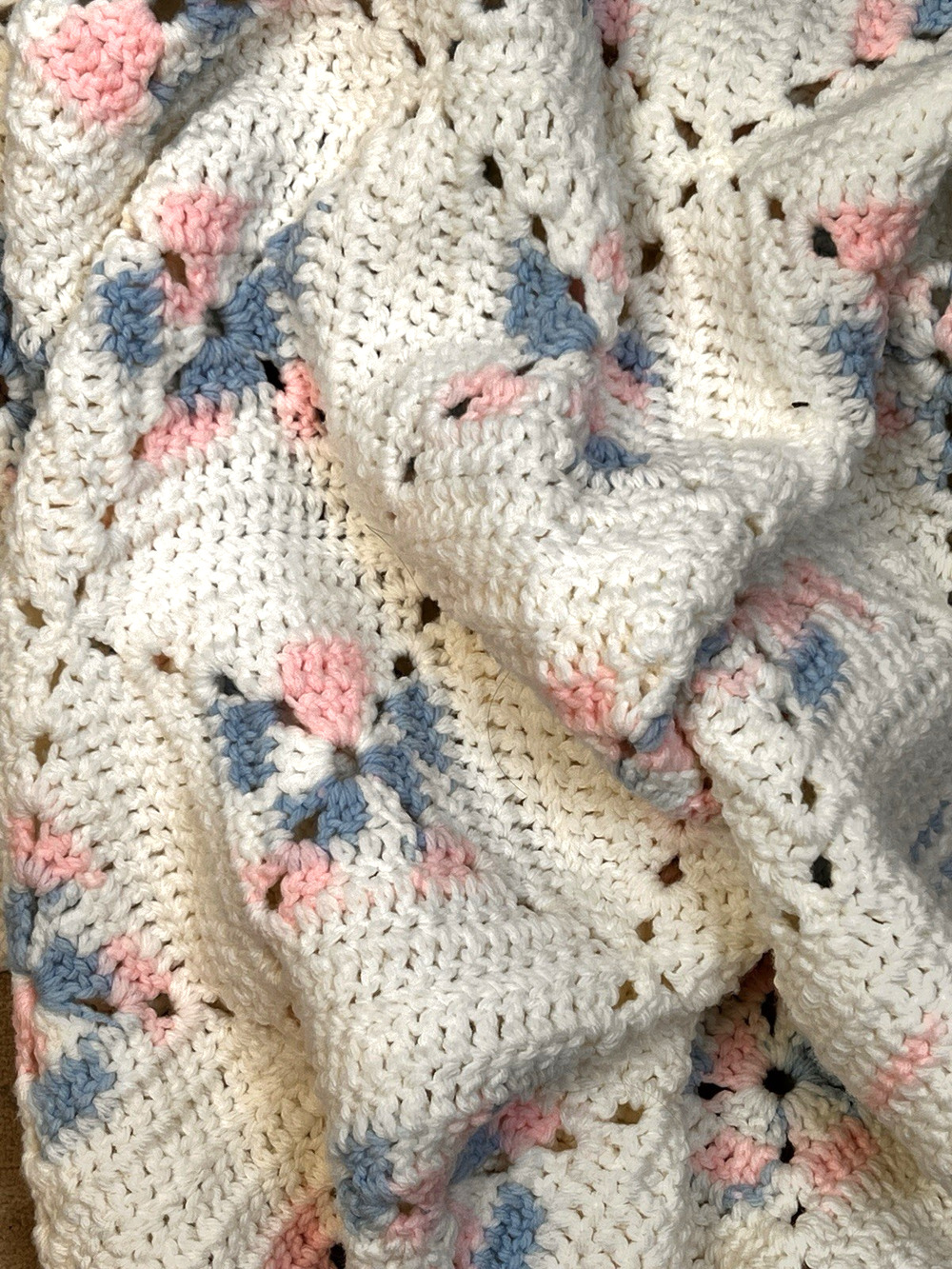 Handmade Crochet Baby Blanket Afghan 35" x 40" White Pink Blue Nursery Gift